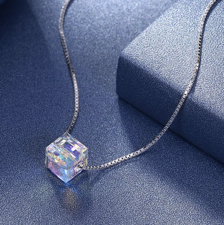 Radiant Majesty: Aurora Borealis Crystal Cube Necklace